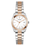 Two-tone Guess GUESS Ladies 2-Tone Date Watch with silver and rose gold band on a white background