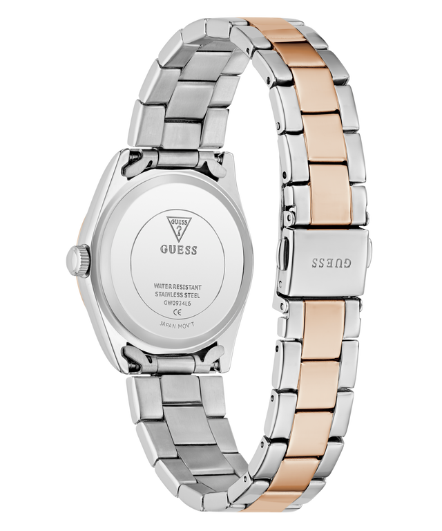 Two-tone silver and rose gold watch with Guess branding on a white background