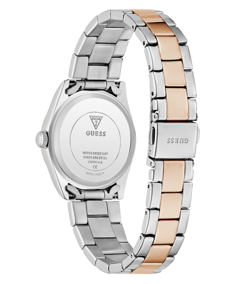 Two-tone silver and rose gold watch with Guess branding on a white background