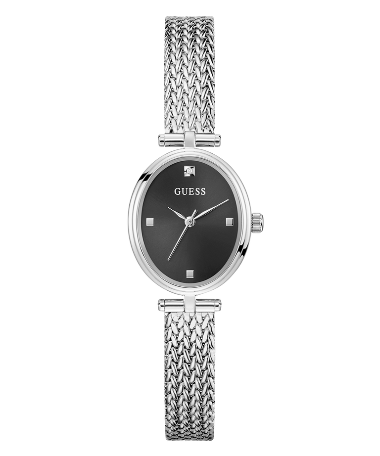 GUESS Ladies Silver Tone Analog Watch with black face on a white background