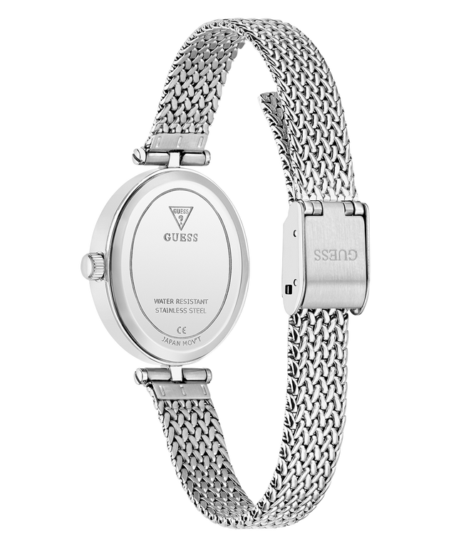 GUESS Ladies Silver Tone Analog Watch with mesh band on a white background