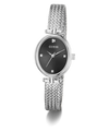 GUESS Ladies Silver Tone Analog Watch with black face on a white background
