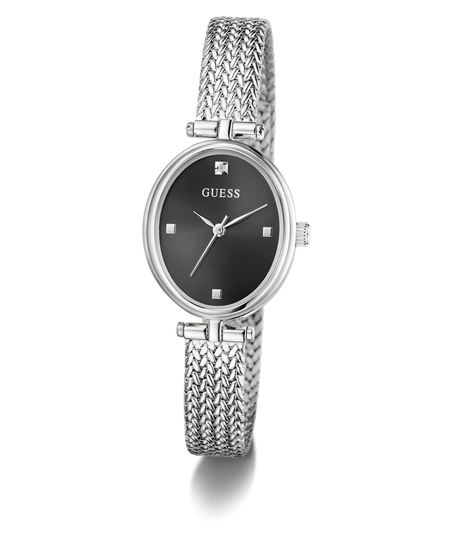 GUESS Ladies Silver Tone Analog Watch with black face on a white background