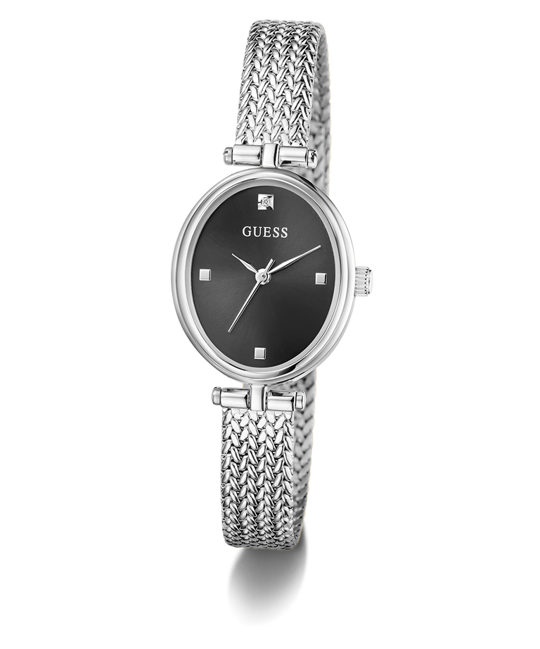 GUESS Ladies Silver Tone Analog Watch with black face on a white background