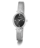 GUESS Ladies Silver Tone Analog Watch with black face on a white background
