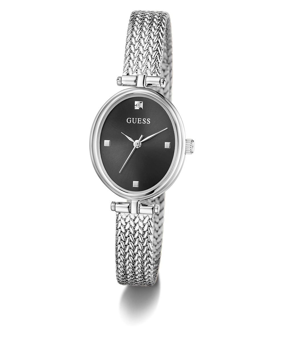 GUESS Ladies Silver Tone Analog Watch with black face on a white background