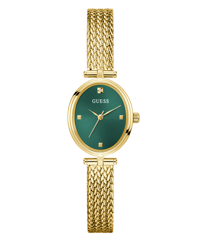 GUESS Ladies Gold Tone Analog Watch with green face on a white background