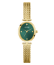 GUESS Ladies Gold Tone Analog Watch with green face on a white background