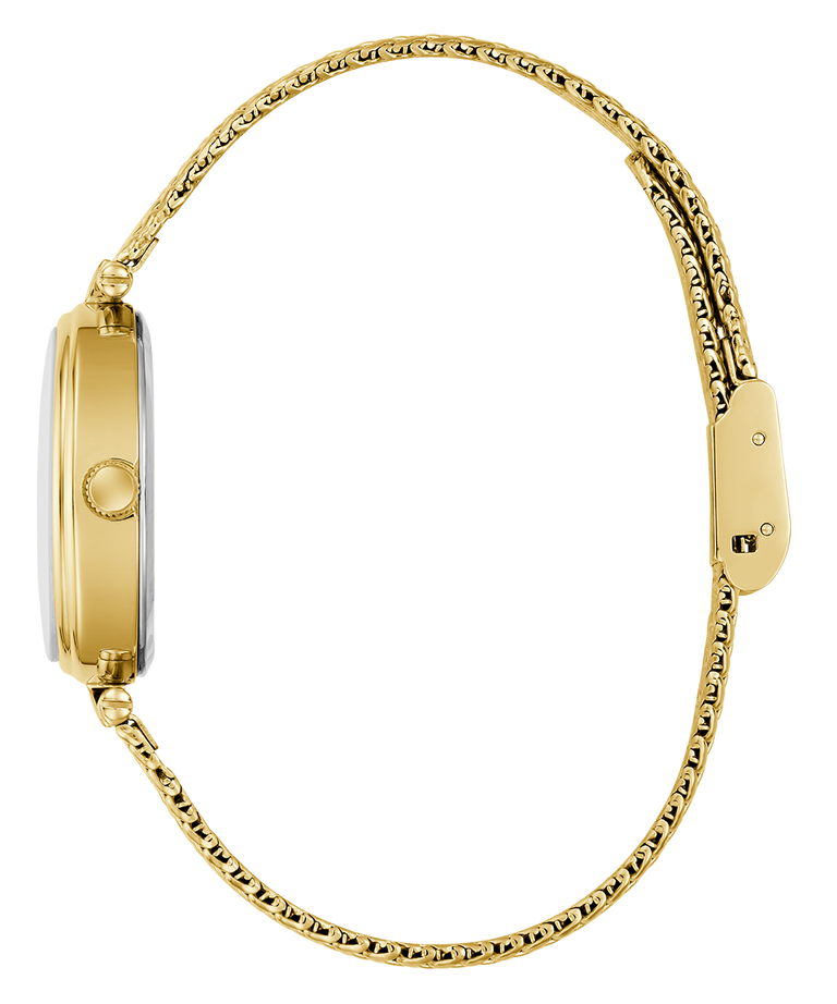 Side of Gold watch with a chain strap on a white background