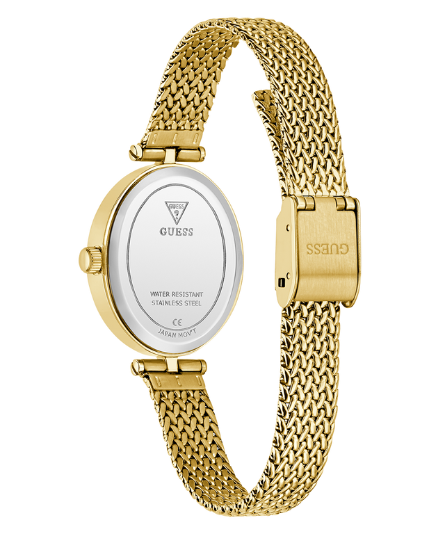 Caseback of GUESS Ladies Gold Tone Analog Watch with mesh band on a white background