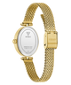 Caseback of GUESS Ladies Gold Tone Analog Watch with mesh band on a white background