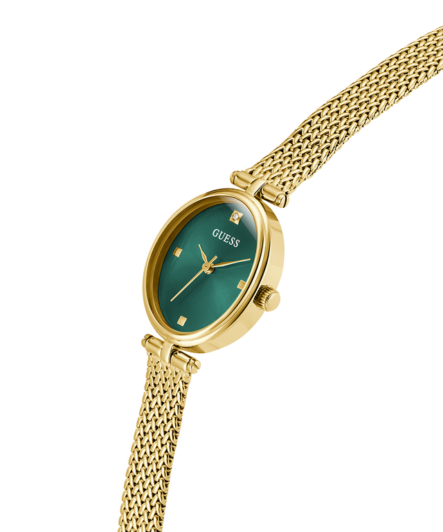 GUESS Ladies Gold Tone Analog Watch with a green face on a white background lifestyle