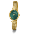 GUESS Ladies Gold Tone Analog Watch with green dial on a white background
