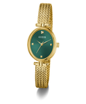 GUESS Ladies Gold Tone Analog Watch with green dial on a white background