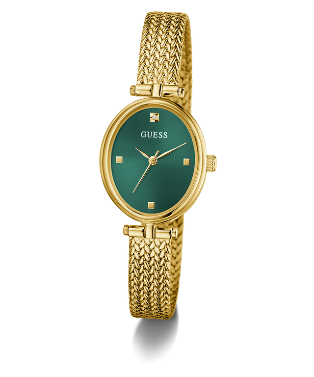 GUESS Ladies Gold Tone Analog Watch with green dial on a white background