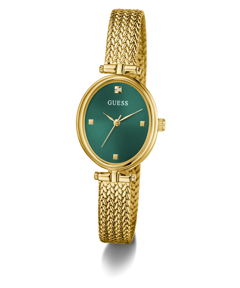 GUESS Ladies Gold Tone Analog Watch with green dial on a white background