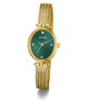 GUESS Ladies Gold Tone Analog Watch with green dial on a white background