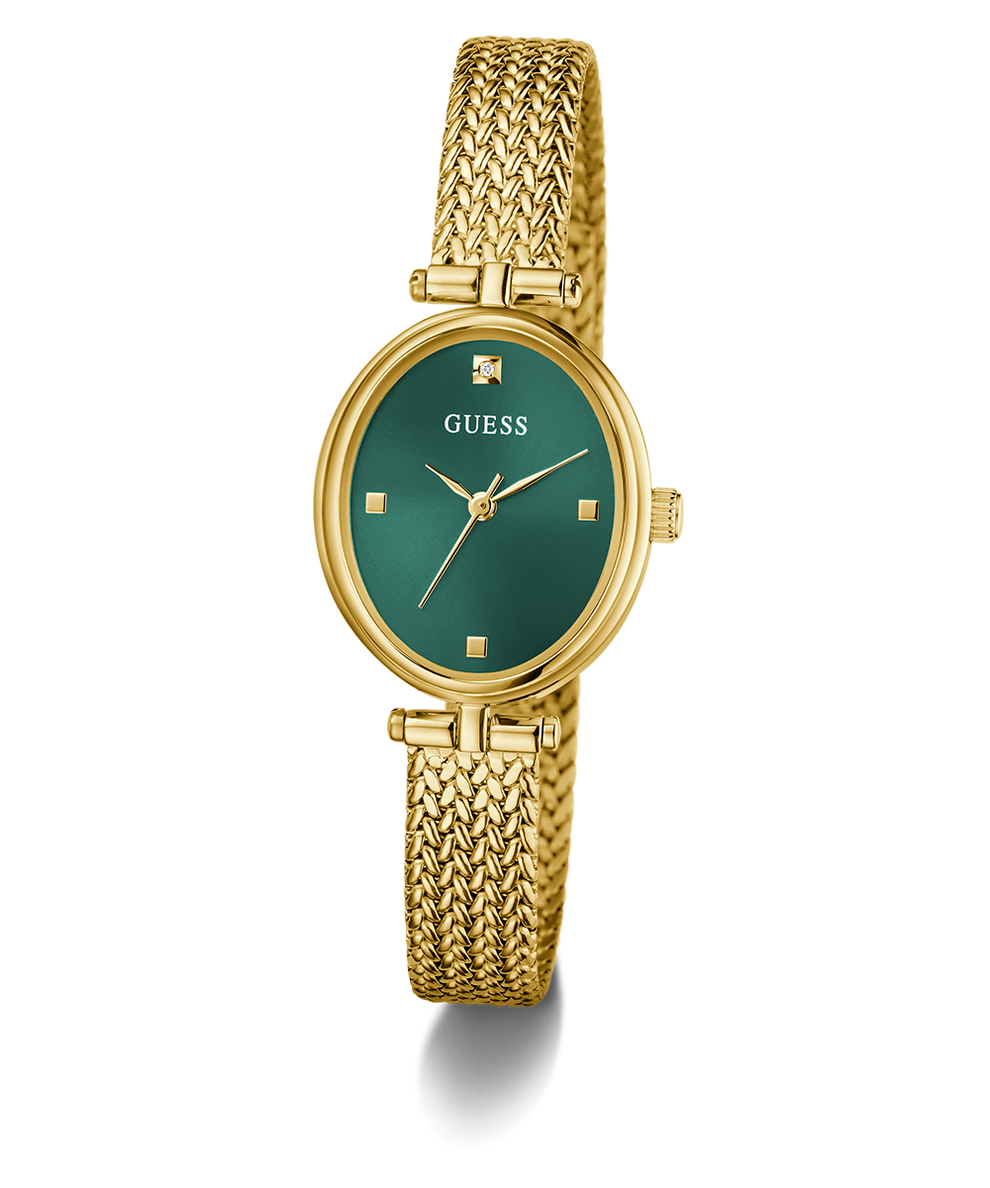GUESS Ladies Gold Tone Analog Watch with green dial on a white background