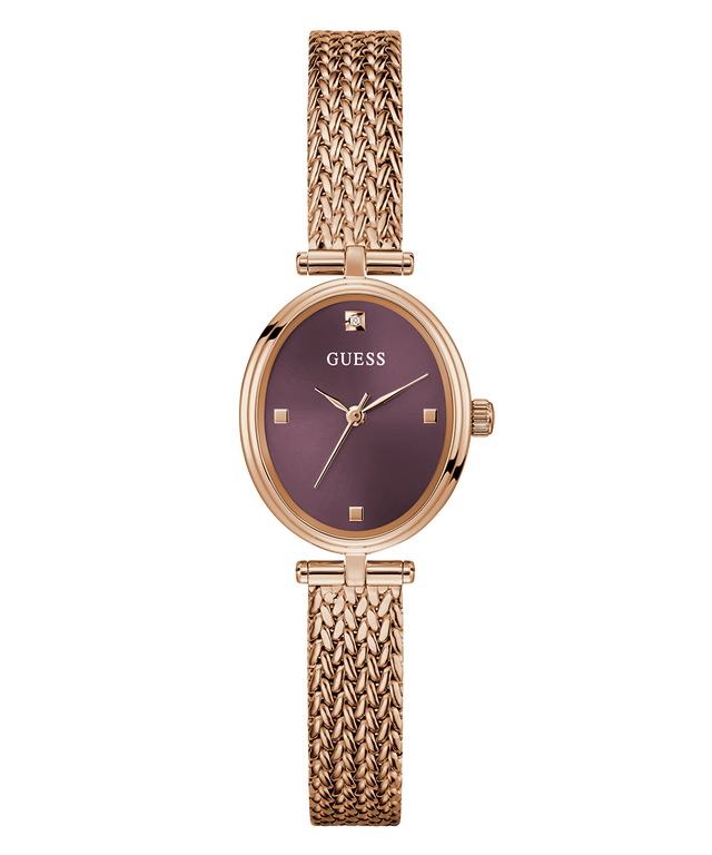 GUESS Ladies Rose Gold Tone Analog Watch with rose gold mesh band and burgundy dial on a white background