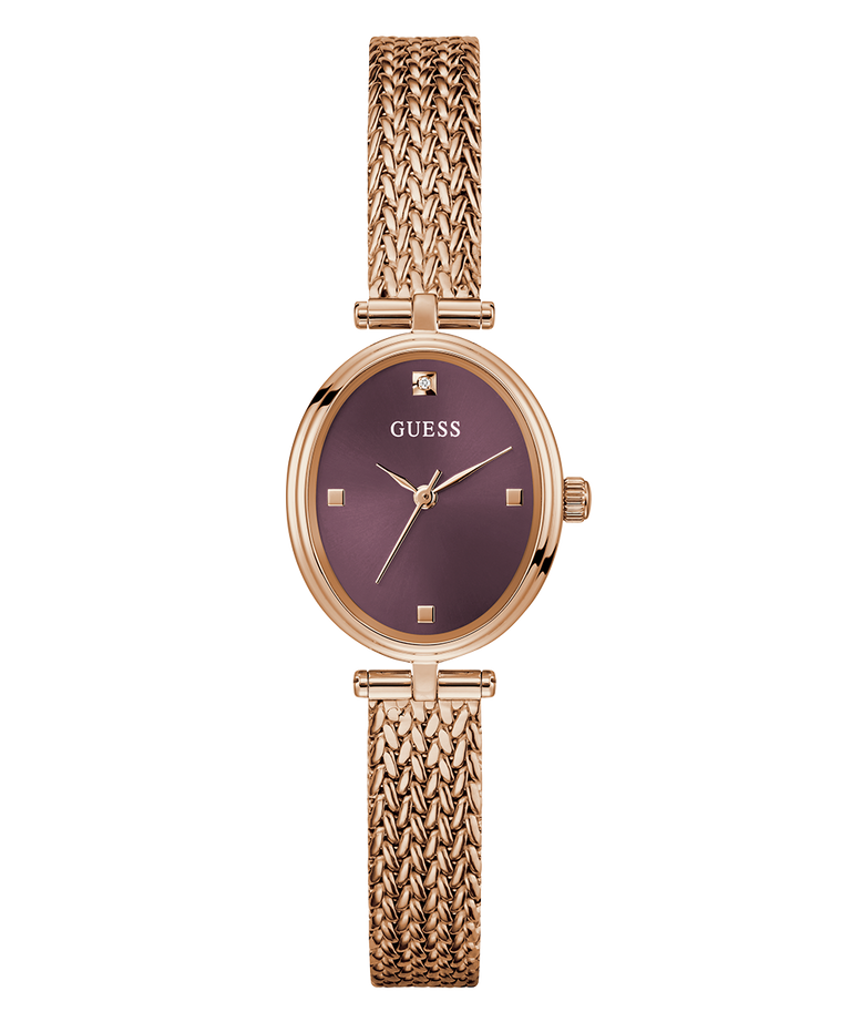 GUESS Ladies Rose Gold Tone Analog Watch with rose gold mesh band and burgundy dial on a white background