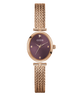 GUESS Ladies Rose Gold Tone Analog Watch with rose gold mesh band and burgundy dial on a white background