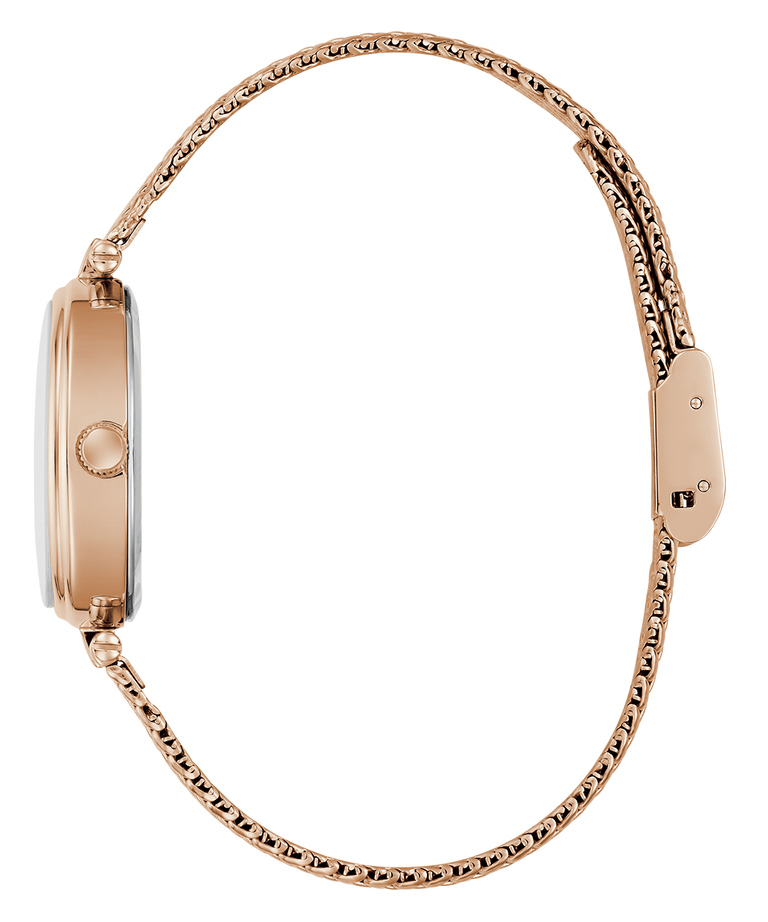 Rose gold watch with chain strap on a white background