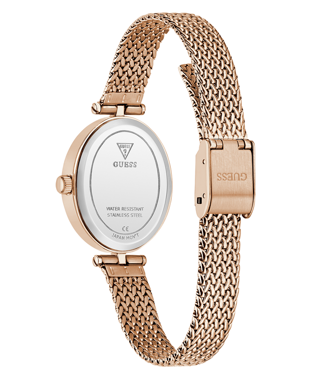 GUESS Ladies Rose Gold Tone Analog Watch caseback with mesh band on a white background