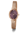 GUESS Ladies Rose Gold Tone Analog Watch with a purple face on a white background
