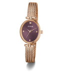 GUESS Ladies Rose Gold Tone Analog Watch with a purple face on a white background