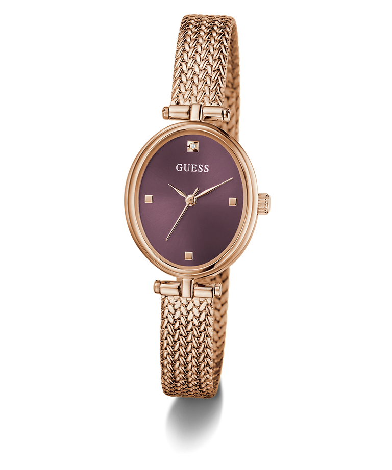 GUESS Ladies Rose Gold Tone Analog Watch with a purple face on a white background