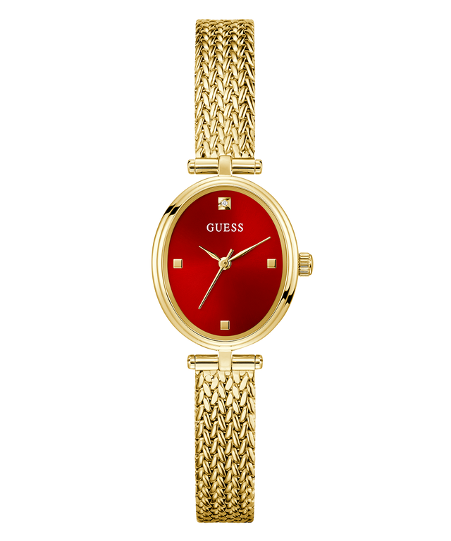 GUESS Ladies Gold Tone Analog Watch with a red face on a white background