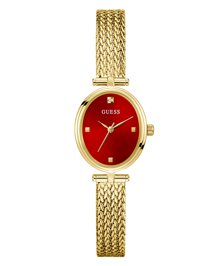 GUESS Ladies Gold Tone Analog Watch with a red face on a white background