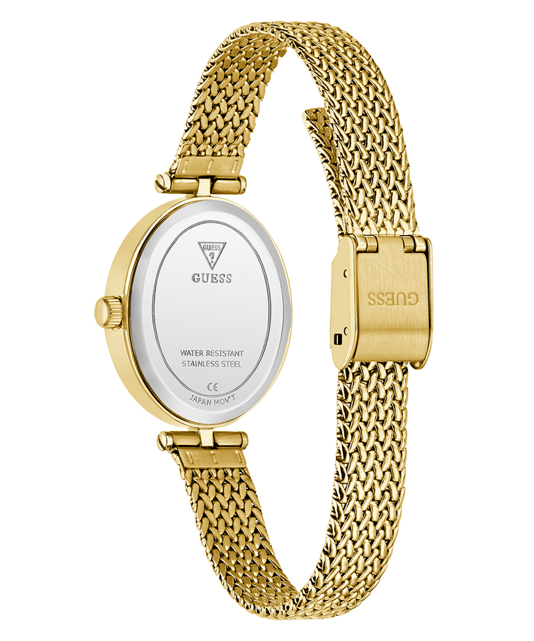 Caseback of GUESS Ladies Gold Tone Analog Watch with mesh band on a white background