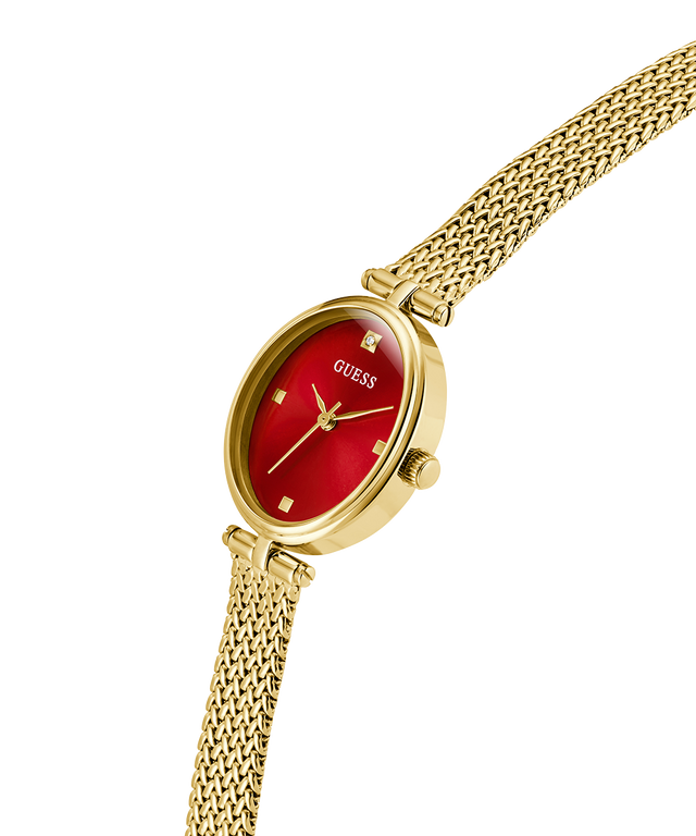 GUESS Ladies Gold Tone Analog Watch with a red face on a white background lifestyle