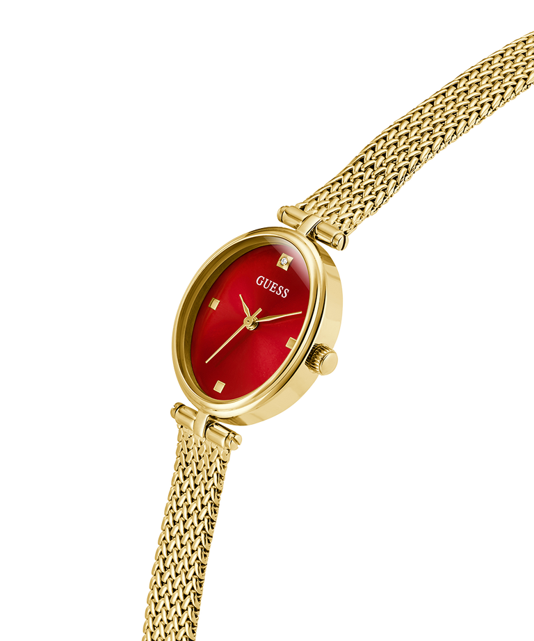 GUESS Ladies Gold Tone Analog Watch with a red face on a white background lifestyle