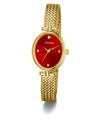 GUESS Ladies Gold Tone Analog Watch with a red face on a white background