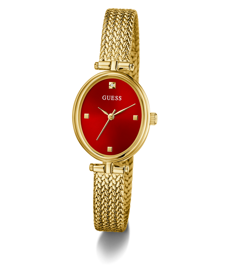 GUESS Ladies Gold Tone Analog Watch with a red face on a white background
