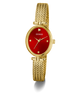 GUESS Ladies Gold Tone Analog Watch with a red face on a white background