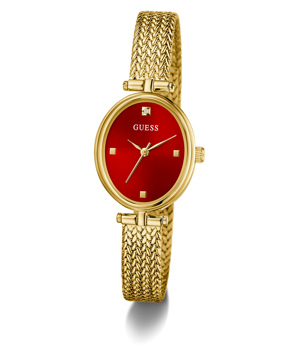 GUESS Ladies Gold Tone Analog Watch with a red face on a white background