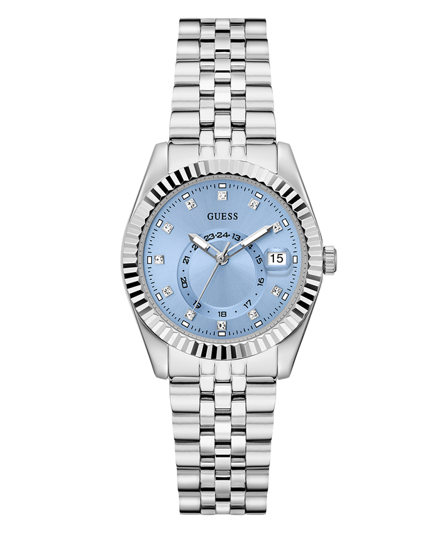 Silver watch with a blue face on a white background GW0936L1