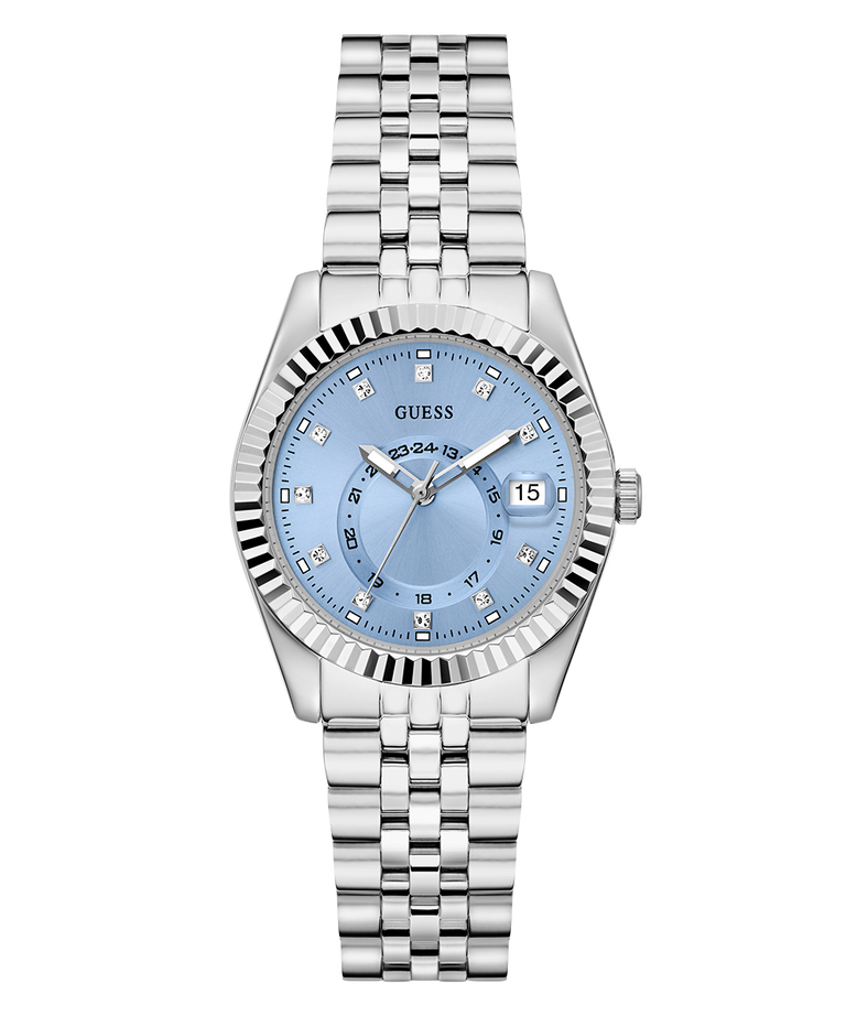 Silver watch with a blue face on a white background GW0936L1