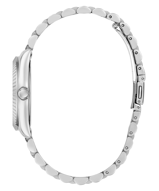 Silver watch with a detailed band on a white background