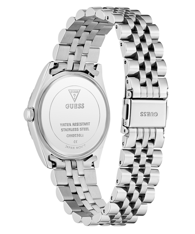 Silver Guess watch caseback with metal band on a white background