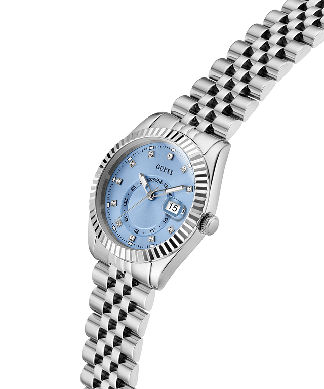 Silver watch with a blue face on a white background lifestyle
