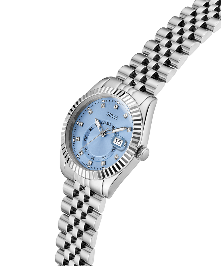 Silver watch with a blue face on a white background lifestyle