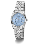 Silver watch with a blue face on a white background GW0936L1
