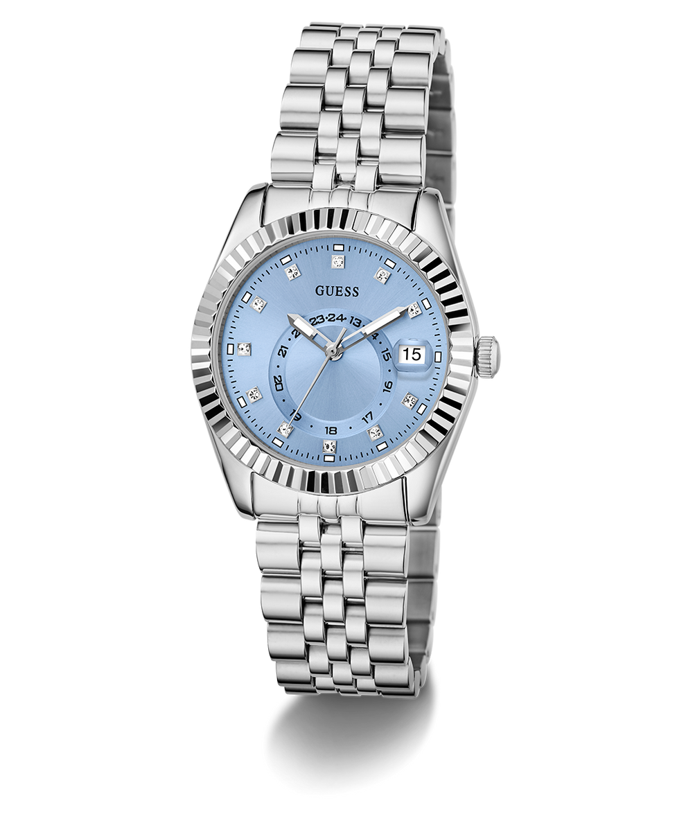 Silver watch with a blue face on a white background GW0936L1