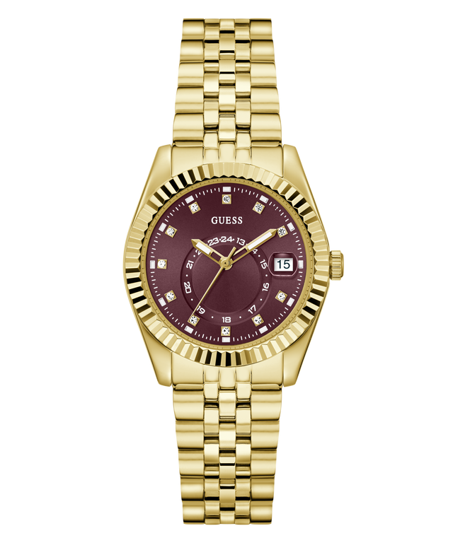 Gold-tone Guess women's watch with a fluted bezel, gold-tone link bracelet, and a deep burgundy dial with diamond hour markers and a date window.
