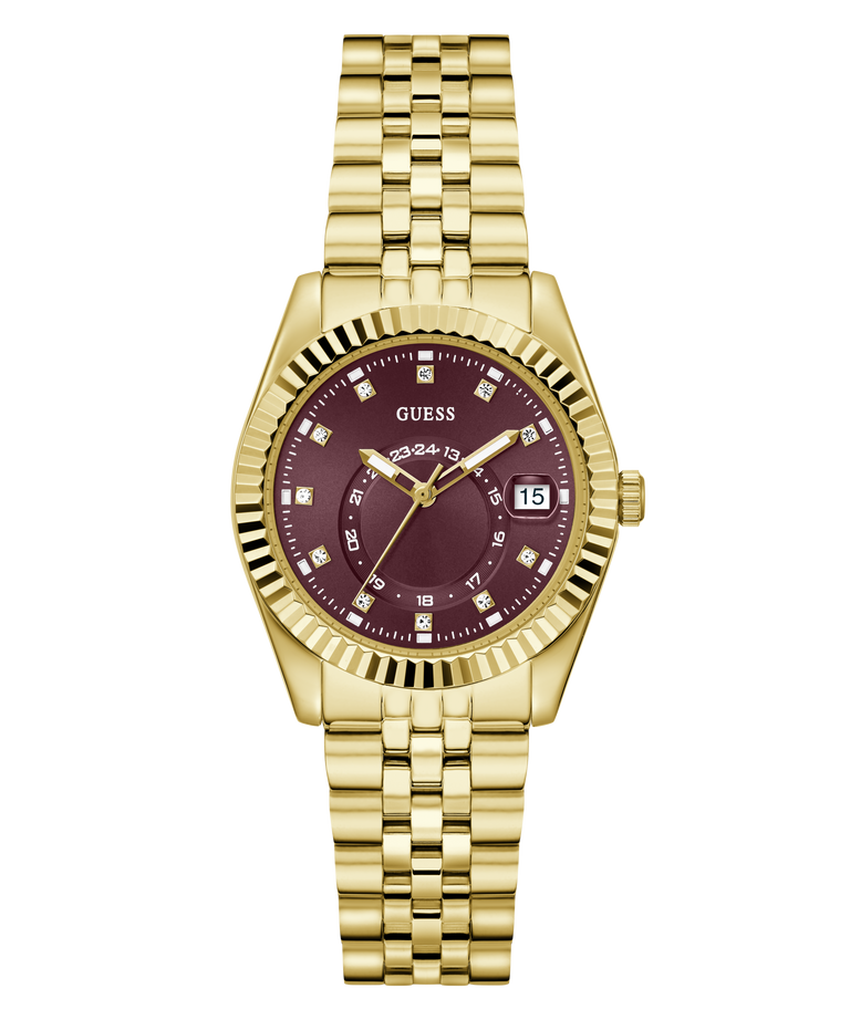 Gold-tone Guess women's watch with a fluted bezel, gold-tone link bracelet, and a deep burgundy dial with diamond hour markers and a date window.