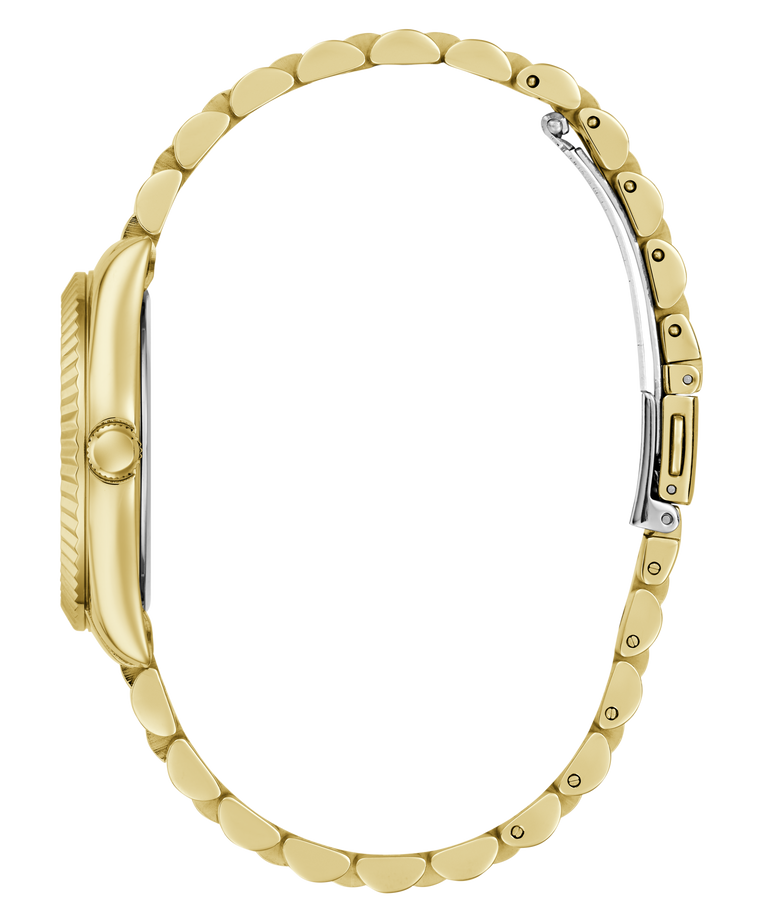 Close-up side view of a yellow gold watch bracelet with a matching case, showing the clasp and side crown detail on a plain white background.